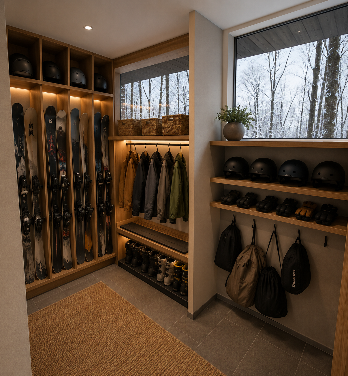Heated ski room with gear-drying area and floor drainage