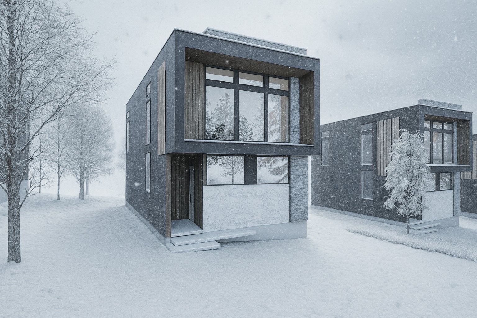 Aspen Leaf chalet exterior in snowfall