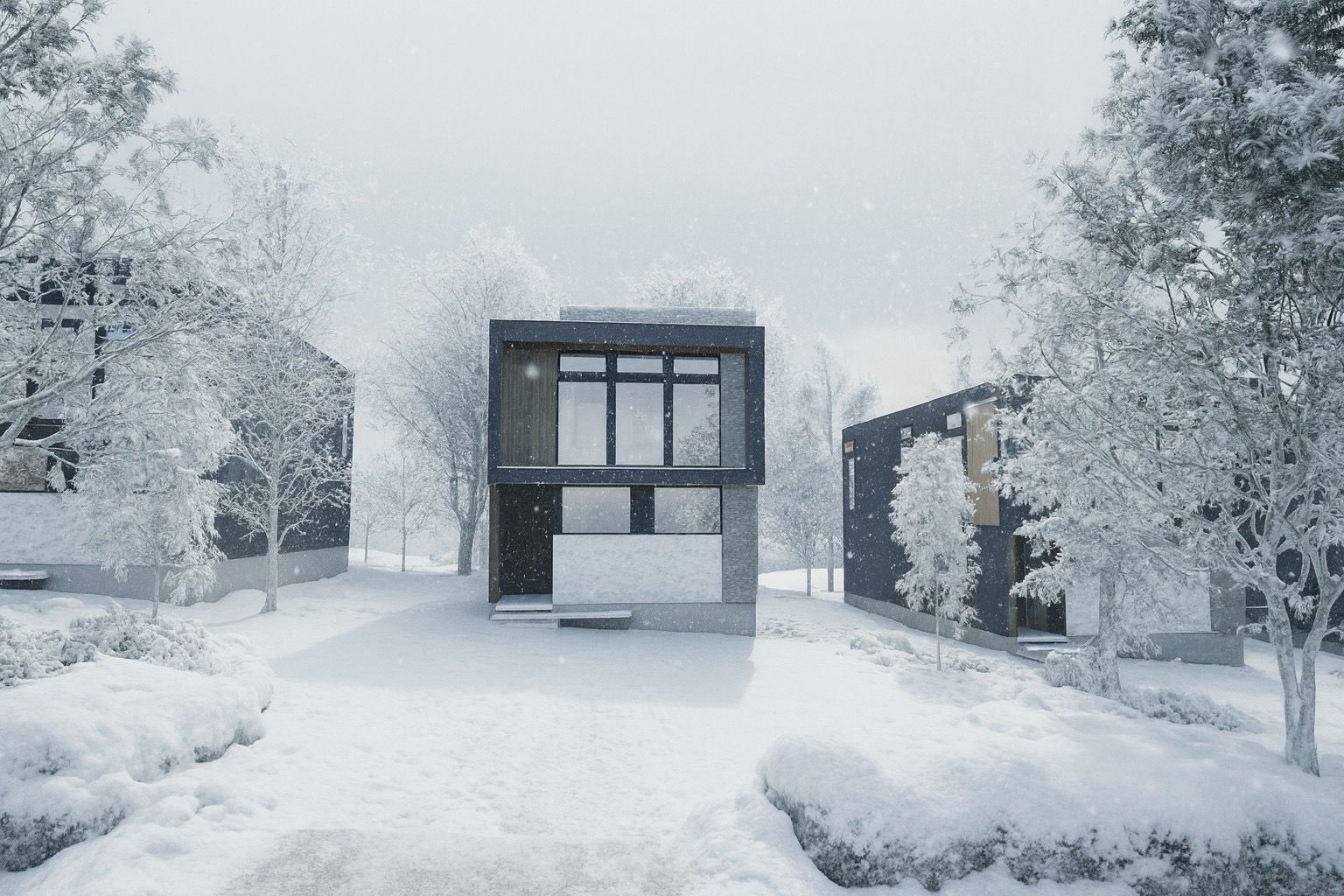 Chalet nestled between frosted trees