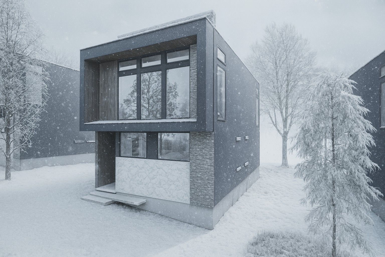 Side view of the chalet in winter