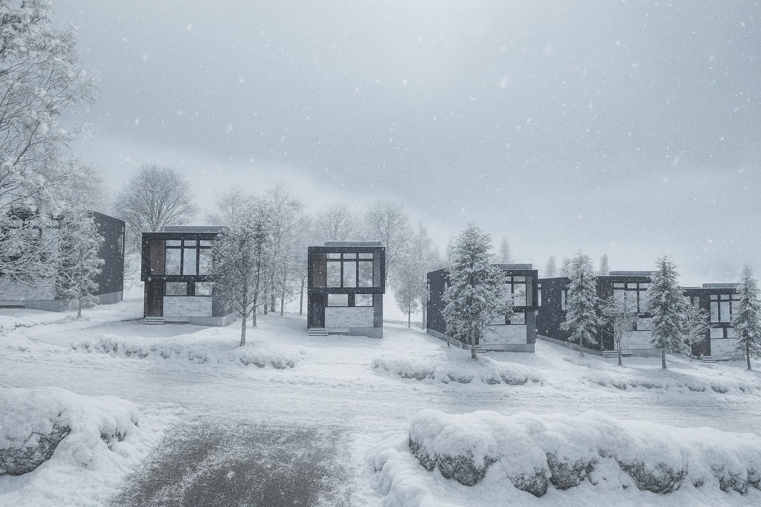 Aspen Leaf site — six chalets across a snow-covered site