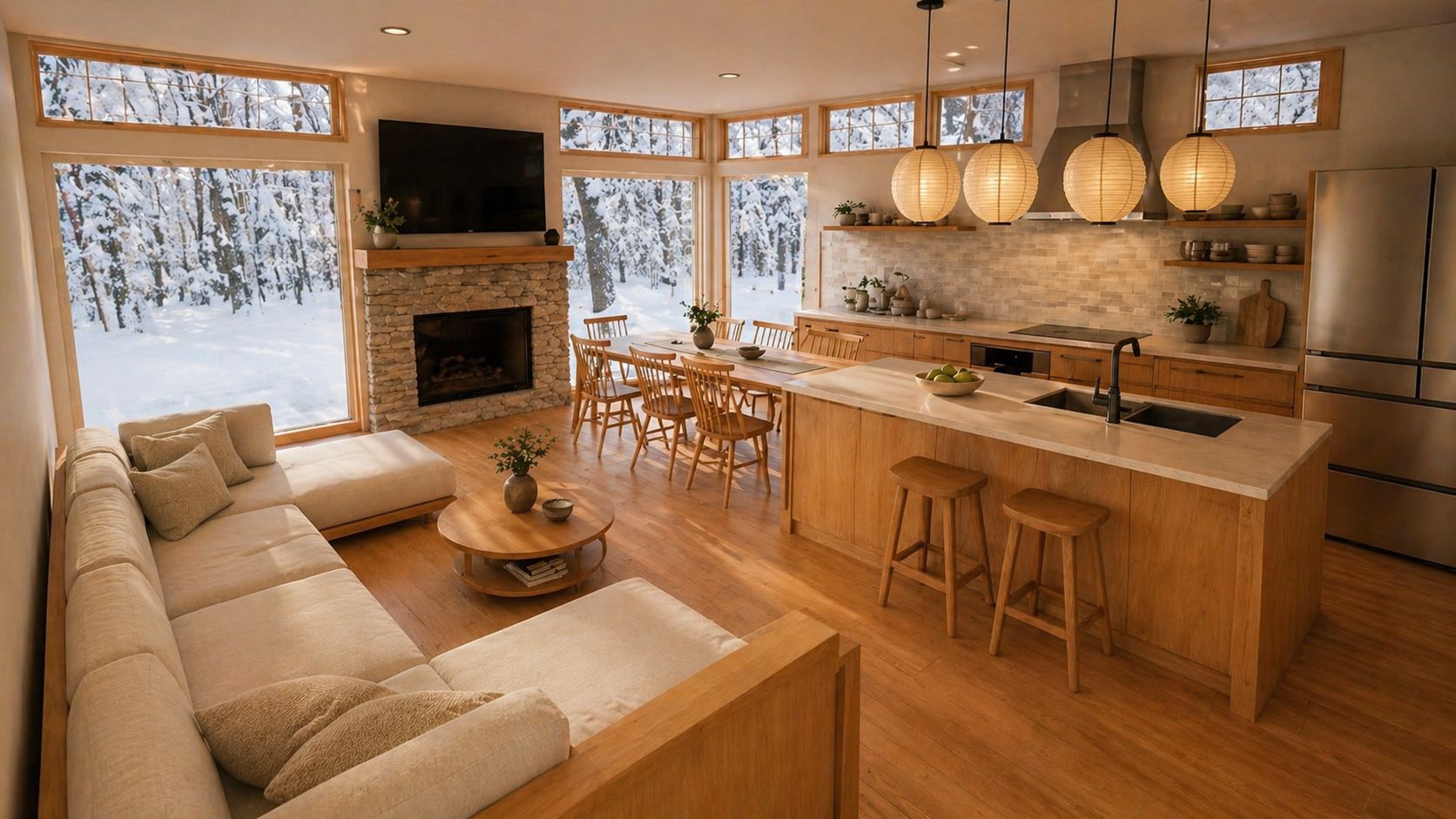 Interior: open living, dining and kitchen with fireplace and floor-to-ceiling glazing