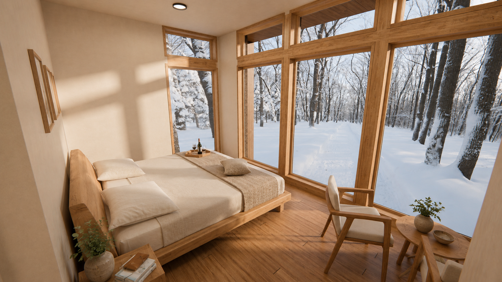 Master bedroom on the upper floor with king bed and forest-facing glazing